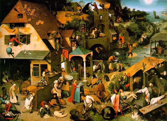 Op dit schilderij van Pieter Breughel kun je een groot aantal spreekwoorden en gezegdes herkennen.